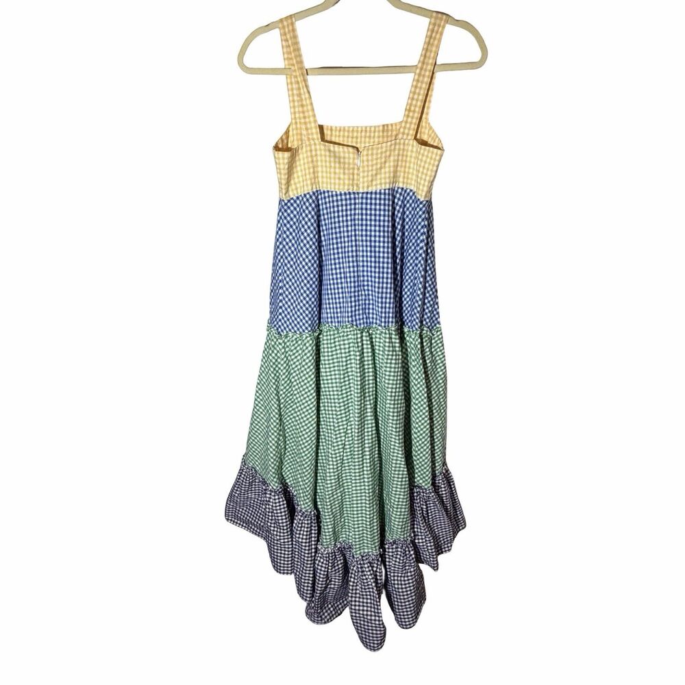 MDS Stripes Dress Womens Size 2 Gingham Striped Tiered Multicolored Ruffles
